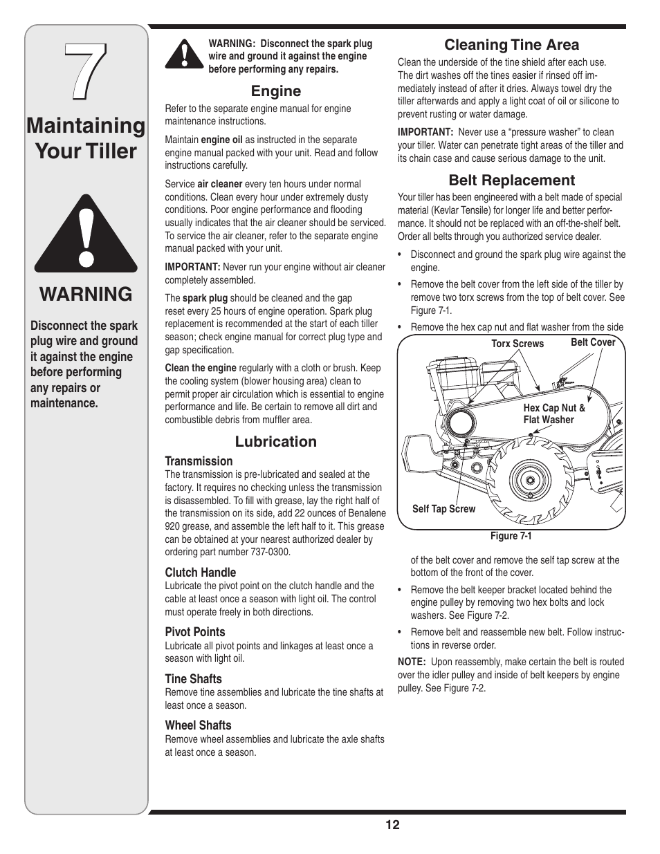 Maintaining your tiller, Warning | Cub Cadet 450 User Manual | Page 12 / 20