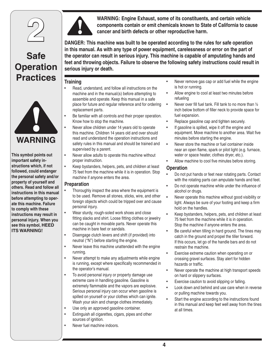 Safe operation practices, Warning | Cub Cadet 450 User Manual | Page 4 / 20