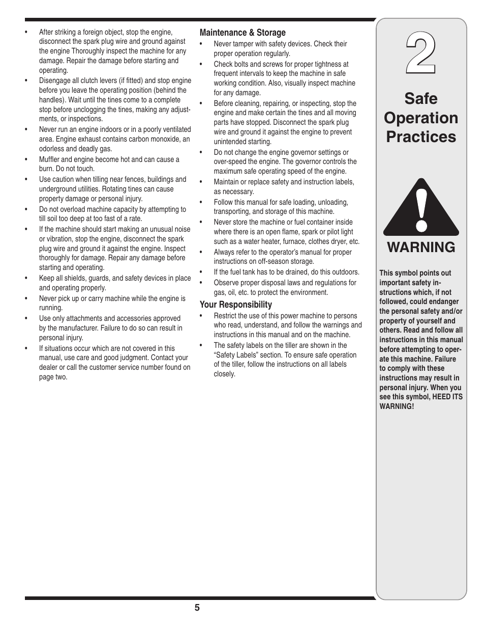 Safe operation practices, Warning | Cub Cadet 450 User Manual | Page 5 / 20