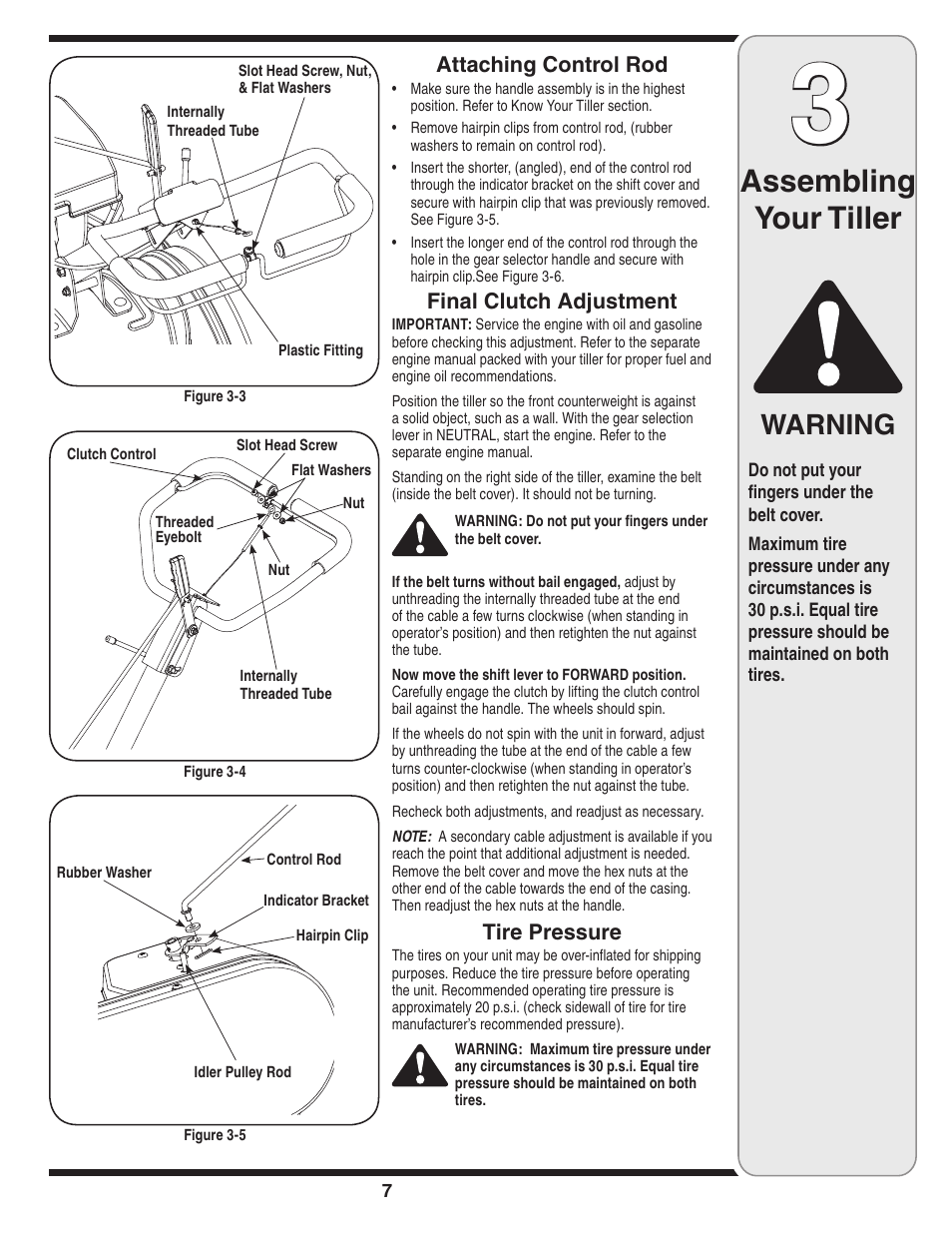 Assembling your tiller, Warning, Attaching control rod | Final clutch adjustment, Tire pressure | Cub Cadet 450 User Manual | Page 7 / 20