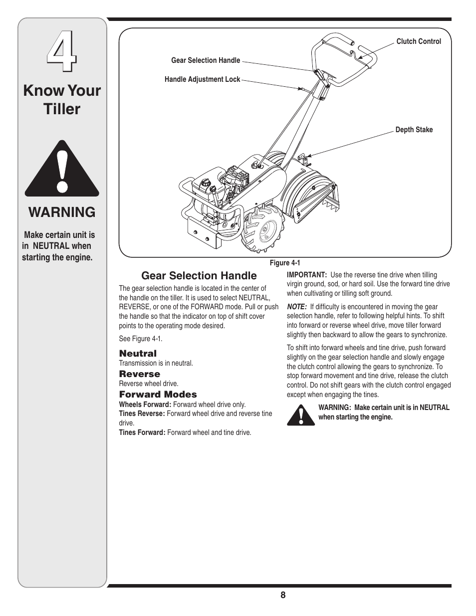 Know your tiller, Warning | Cub Cadet 450 User Manual | Page 8 / 20