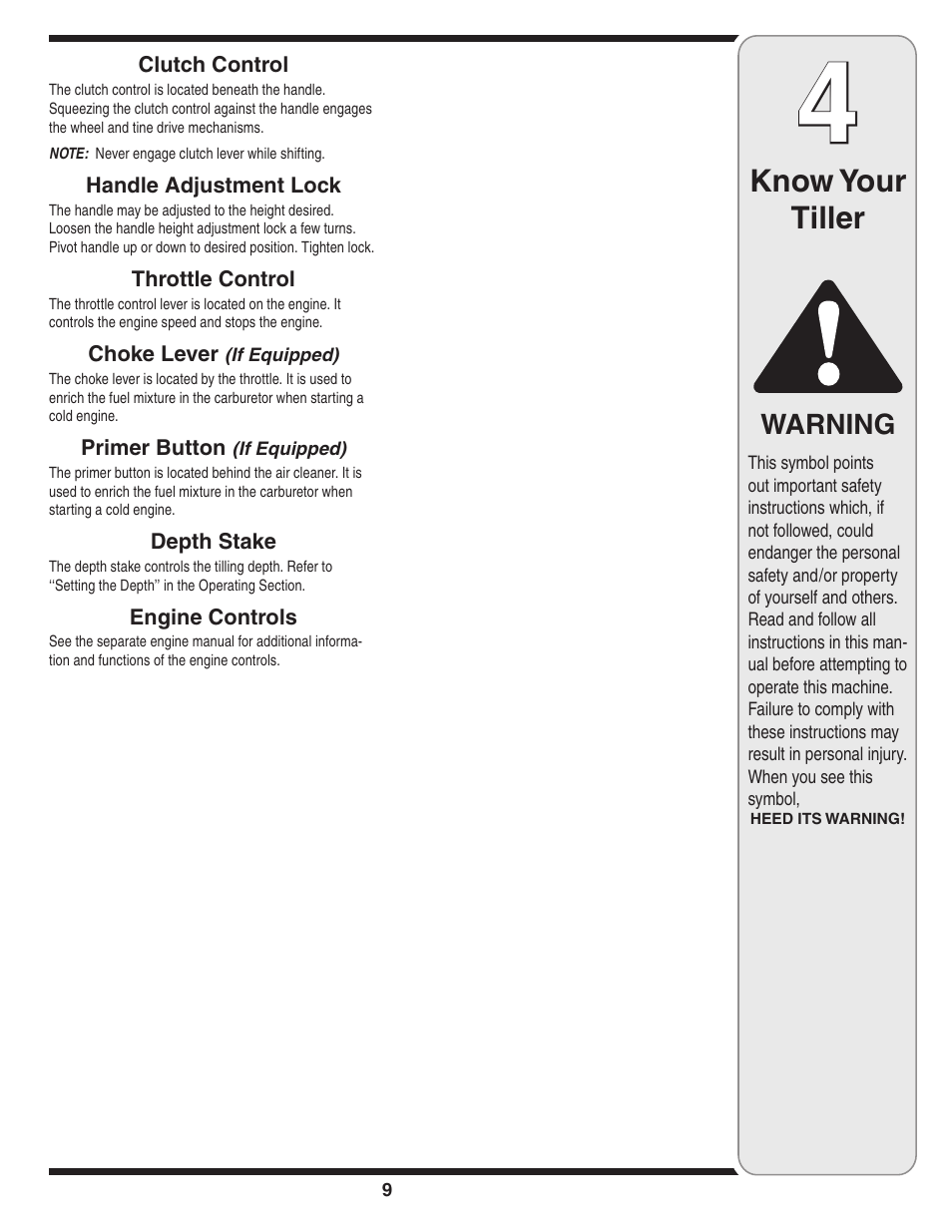 Know your tiller, Warning | Cub Cadet 450 User Manual | Page 9 / 20