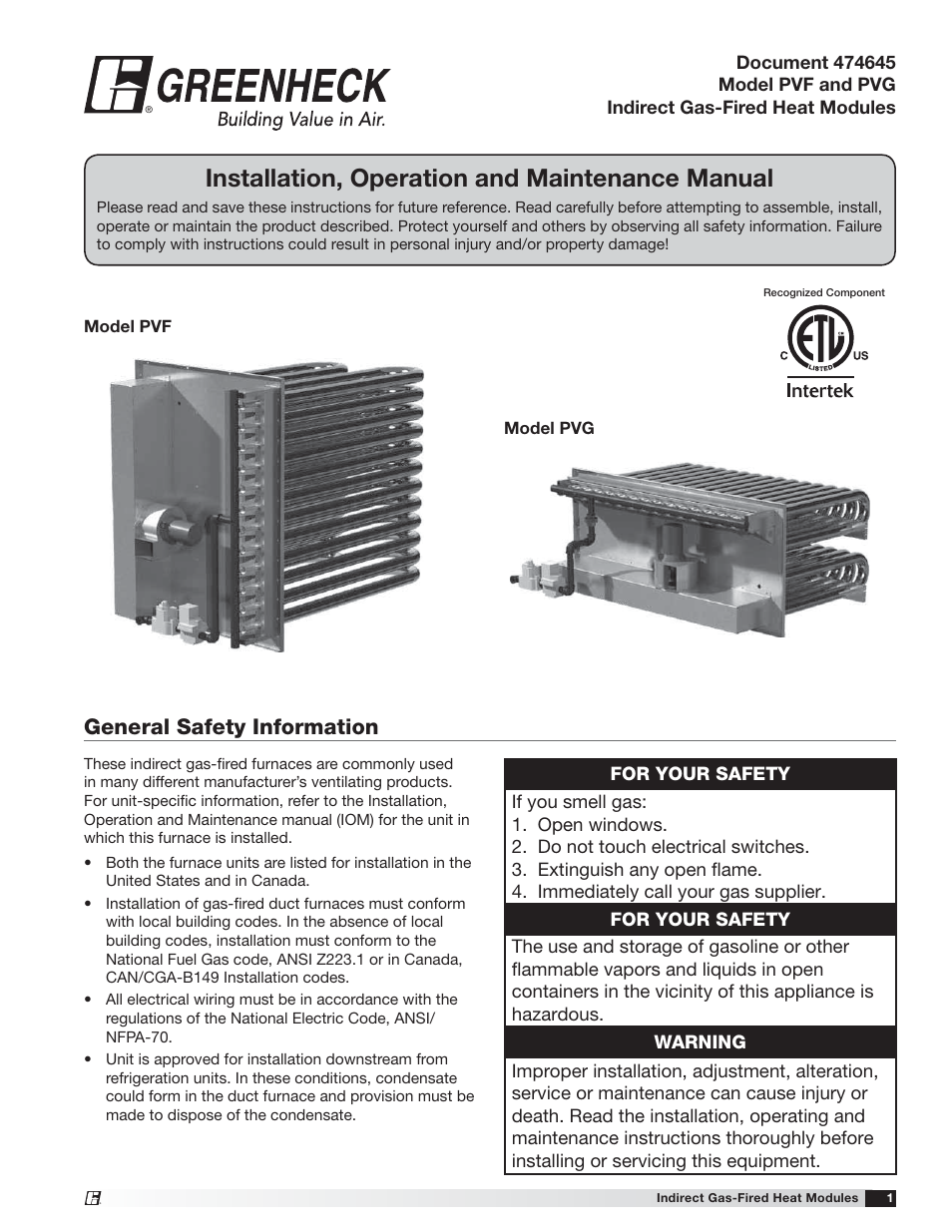 Greenheck PVF/PVG Indirect Gas-Fired Heat Modules (474645) User Manual | 32 pages