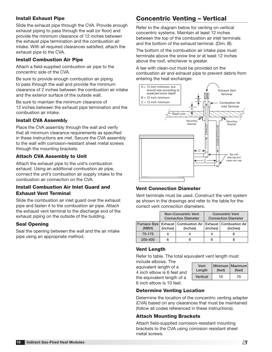Concentric venting – vertical, Install exhaust pipe, Install combustion air pipe | Install cva assembl, Attach cva assembly to unit, Seal opening, Vent length, Determine venting location, Attach mounting brackets, Vent connection diameter | Greenheck PVF/PVG Indirect Gas-Fired Heat Modules (474645) User Manual | Page 10 / 32