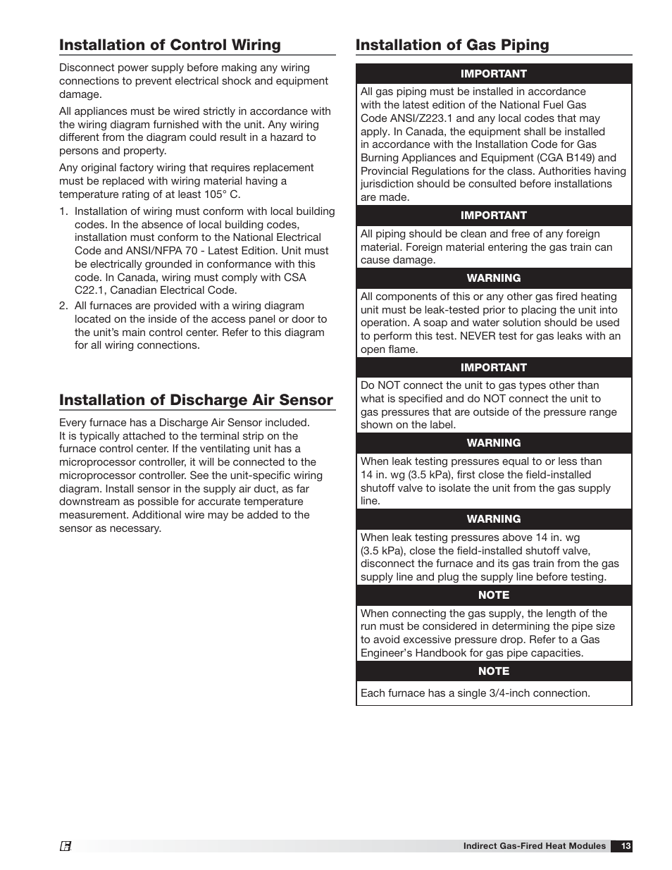 Installation of gas piping, Installation of control wiring, Installation of discharge air sensor | Greenheck PVF/PVG Indirect Gas-Fired Heat Modules (474645) User Manual | Page 13 / 32