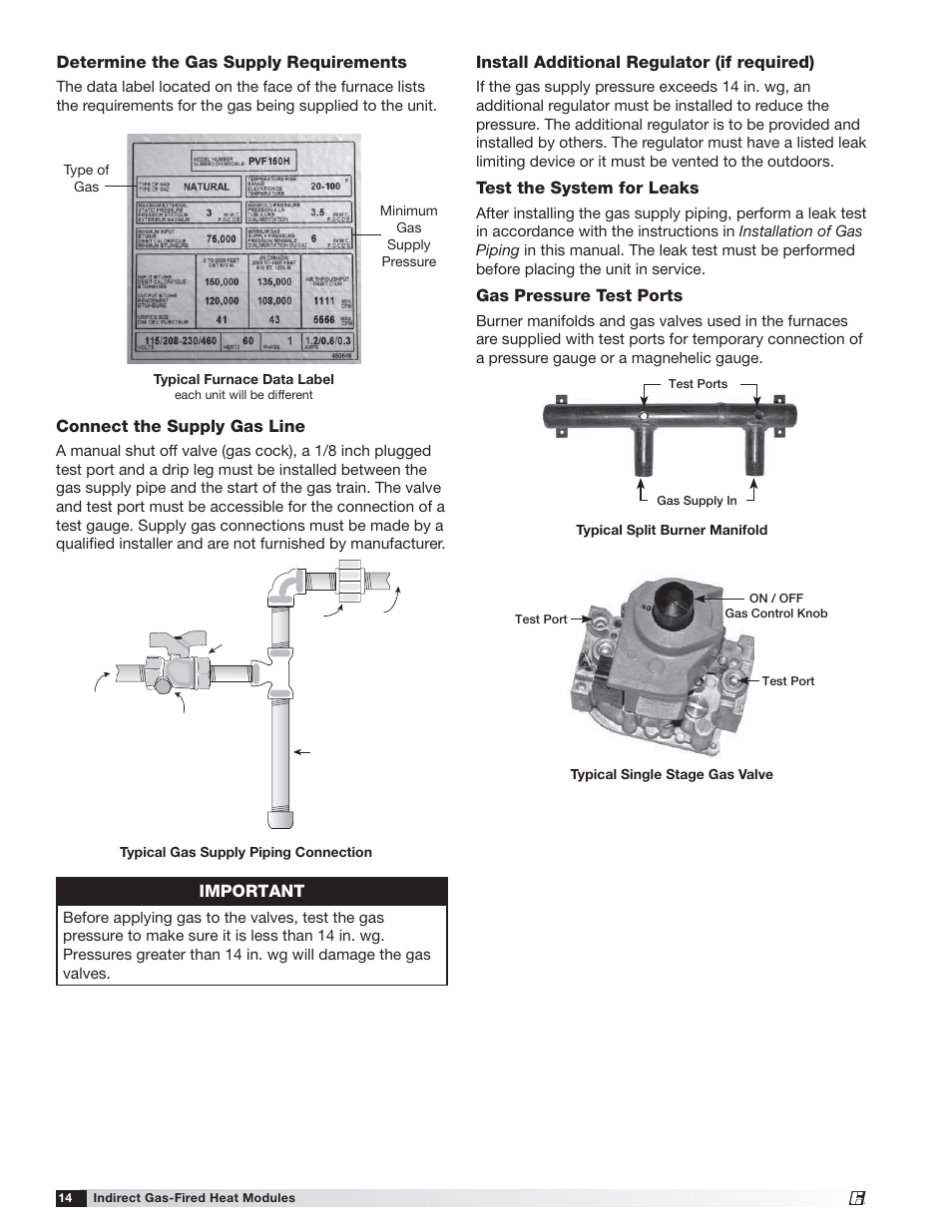 Connect the supply gas line, Determine the gas supply requirements, Important | Install additional regulator (if required), Test the system for leaks, Gas pressure test ports | Greenheck PVF/PVG Indirect Gas-Fired Heat Modules (474645) User Manual | Page 14 / 32