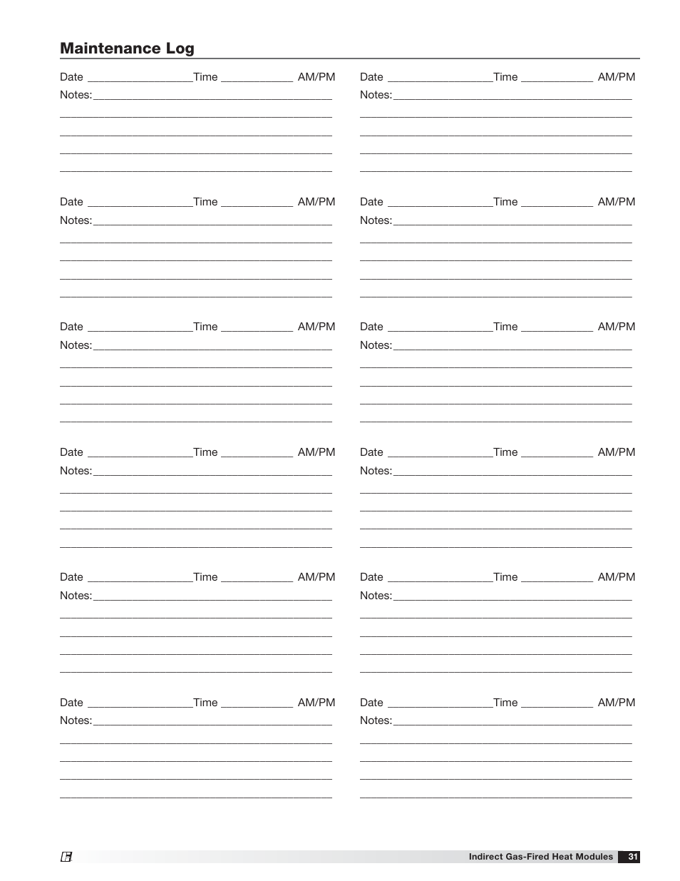 Maintenance log | Greenheck PVF/PVG Indirect Gas-Fired Heat Modules (474645) User Manual | Page 31 / 32