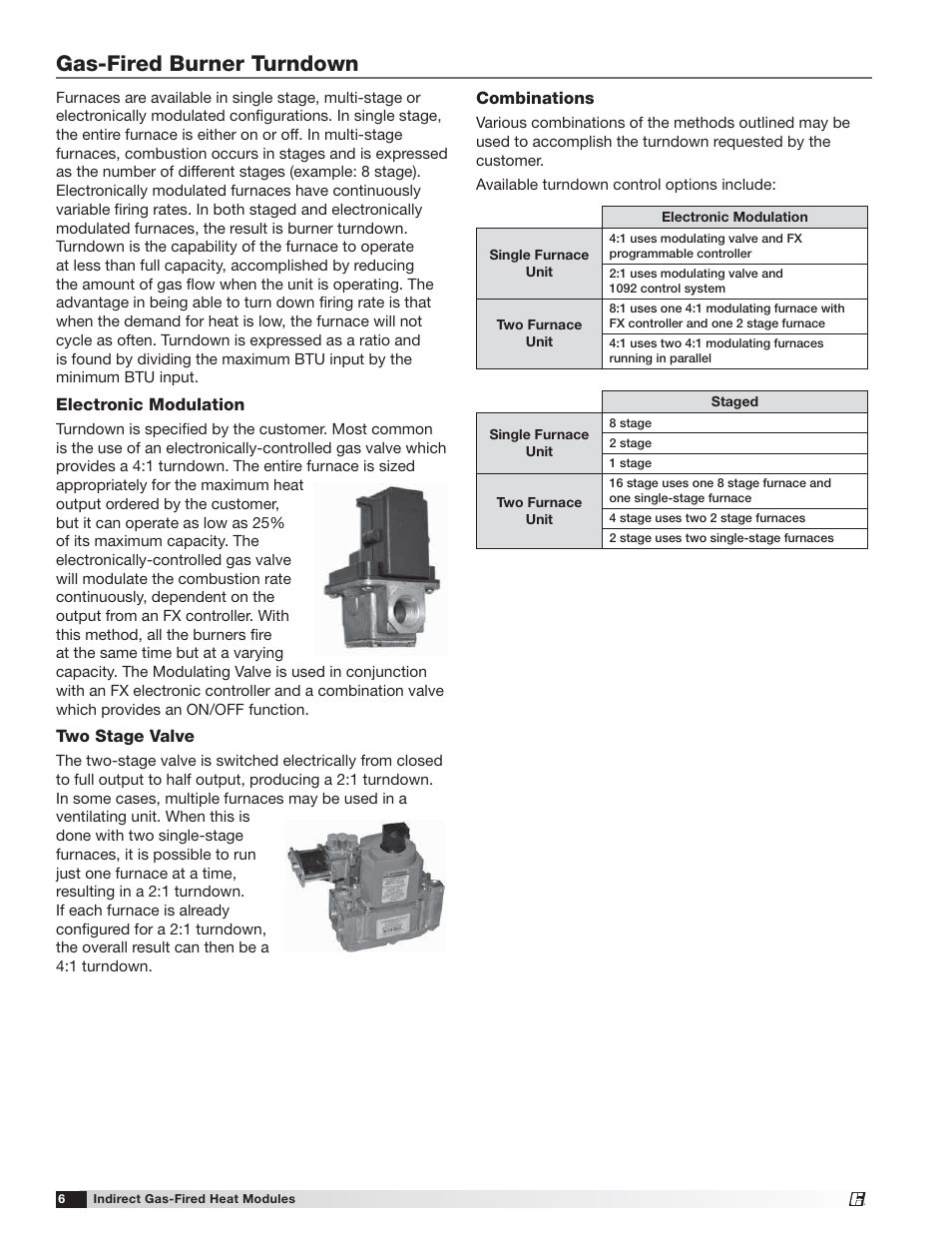Gas-fired burner turndown, Electronic modulation, Two stage valve | Combinations | Greenheck PVF/PVG Indirect Gas-Fired Heat Modules (474645) User Manual | Page 6 / 32