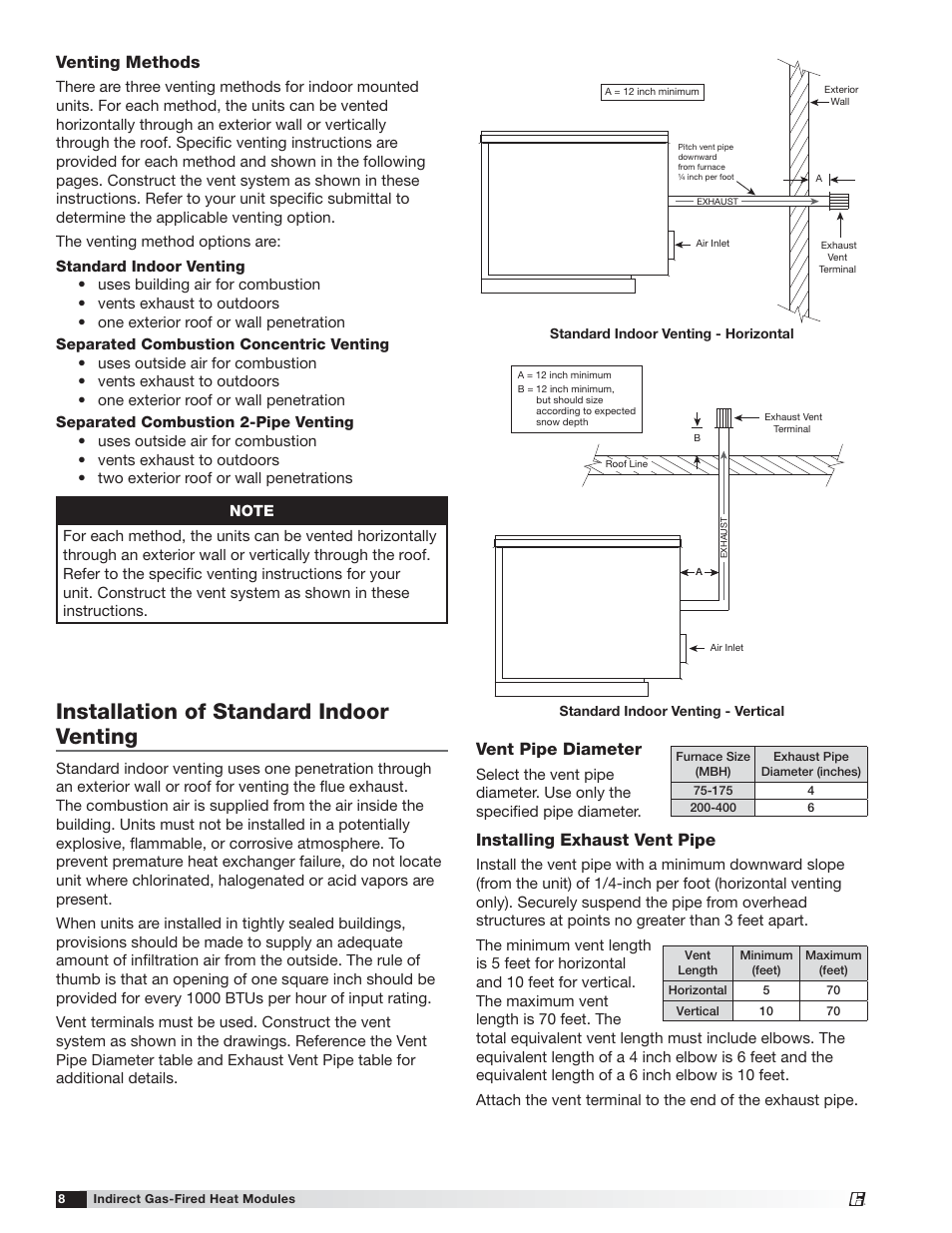 Installation of standard indoor venting, Venting methods, Installing exhaust vent pipe | Vent pipe diameter | Greenheck PVF/PVG Indirect Gas-Fired Heat Modules (474645) User Manual | Page 8 / 32