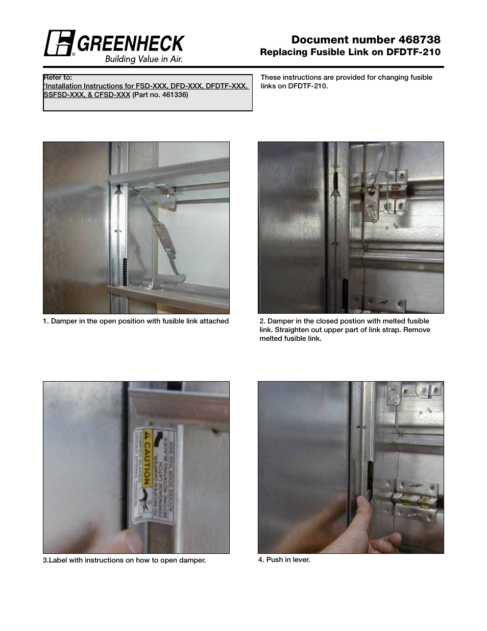 Greenheck Replacing the Fusible Link on Model DFDTF-210 (468738) User Manual | 2 pages