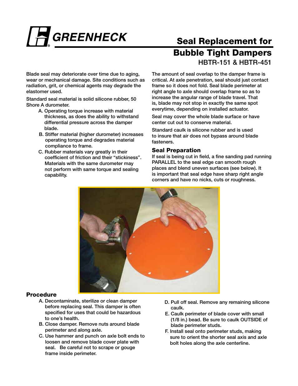 Greenheck Seal Replacement for Bubble Tight Dampers (HBTR) User Manual | 2 pages