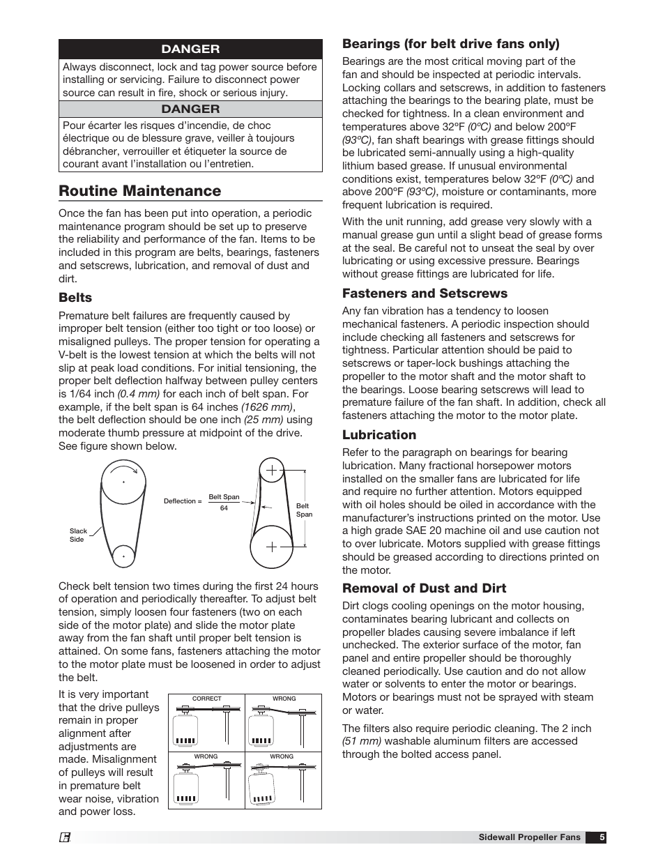 Routine maintenance, Bearings (for belt drive fans only), Fasteners and setscrews | Lubrication, Removal of dust and dirt, Belts | Greenheck Sidewall Propeller Fans (471755) User Manual | Page 5 / 8