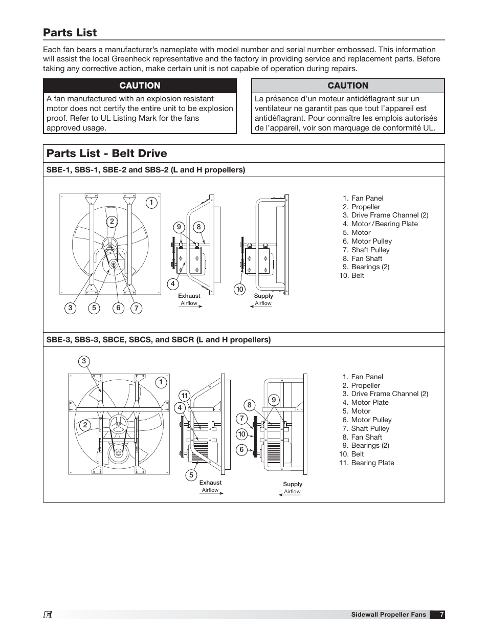 Parts list - belt drive, Parts list | Greenheck Sidewall Propeller Fans (471755) User Manual | Page 7 / 8