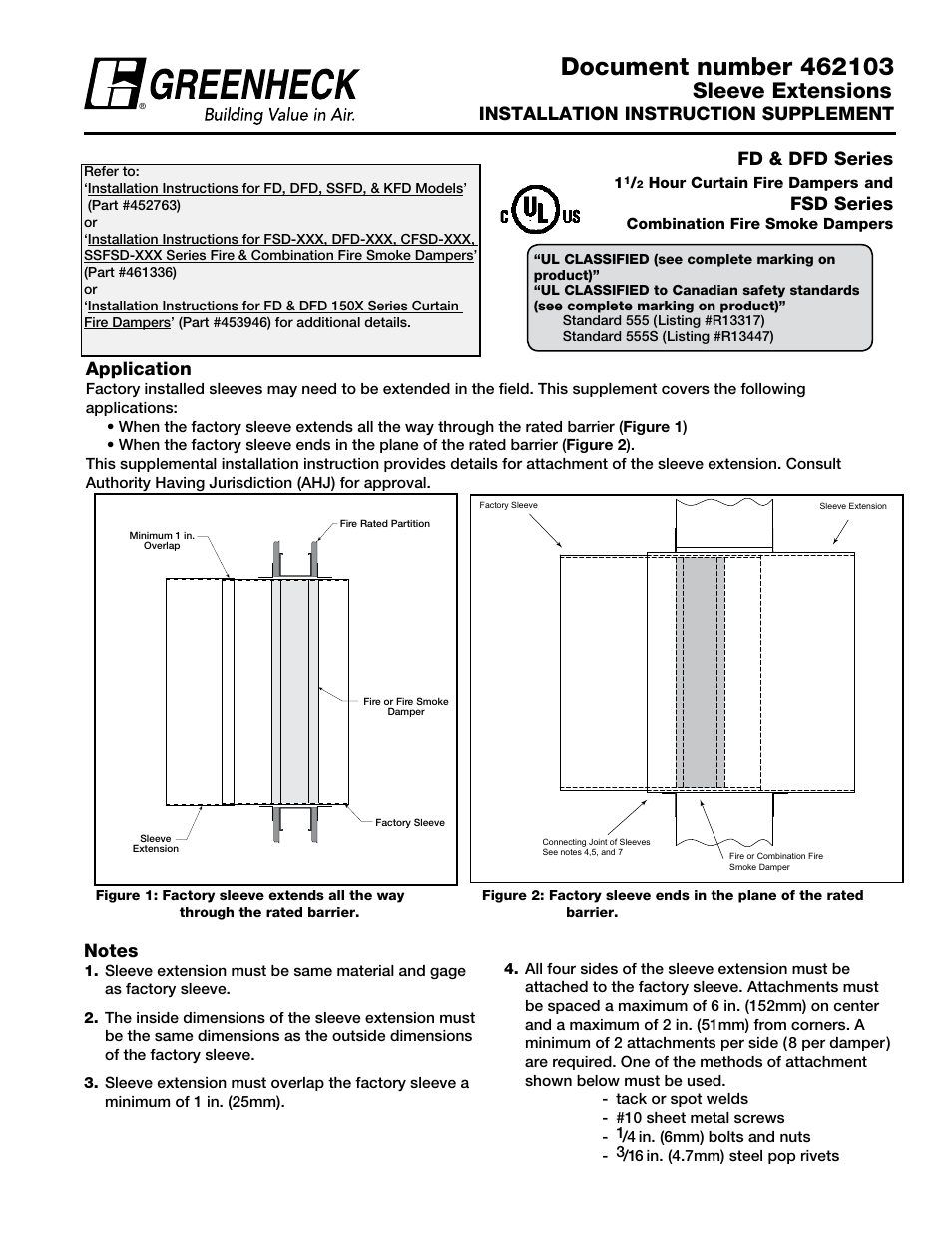 Greenheck Sleeve Extension Supplement (462103) User Manual | 2 pages