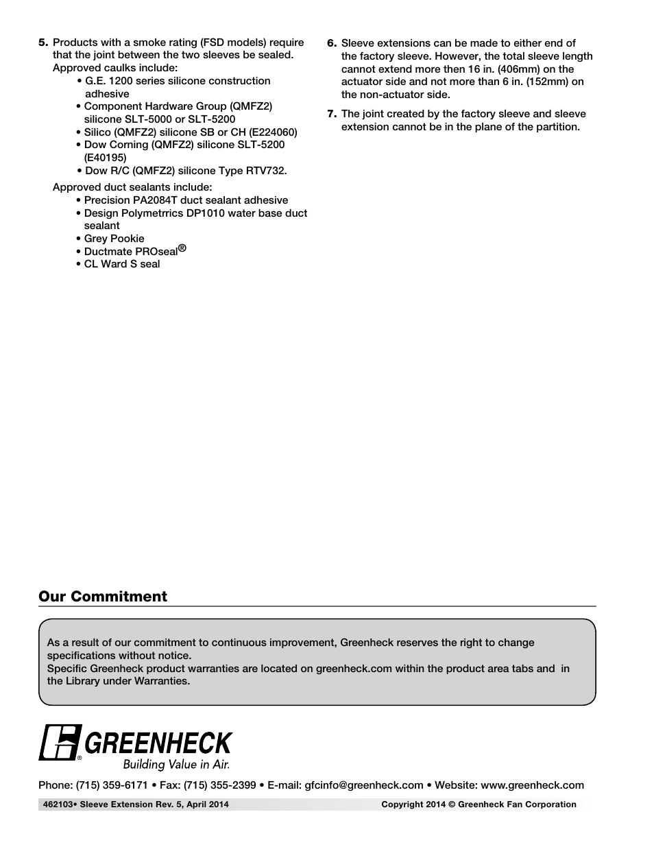 Our commitment | Greenheck Sleeve Extension Supplement (462103) User Manual | Page 2 / 2