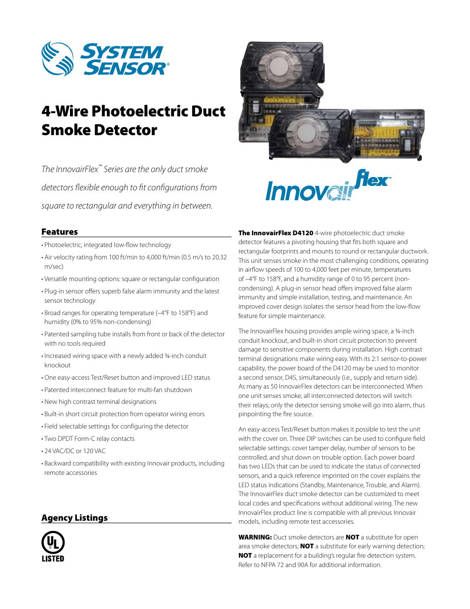 Greenheck Smoke Detector D4120 (Data Sheet) User Manual | 4 pages
