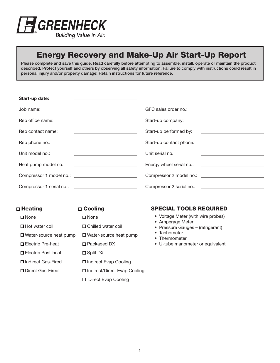 Greenheck Energy Recovery and Make-Up Air Start-Up Report User Manual | 9 pages