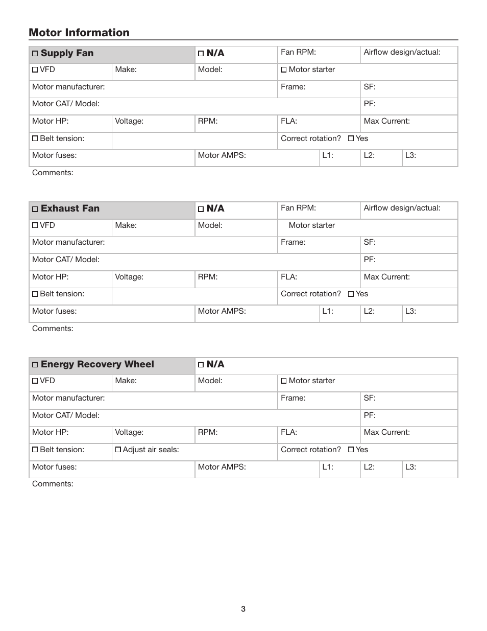 Motor information | Greenheck Energy Recovery and Make-Up Air Start-Up Report User Manual | Page 3 / 9
