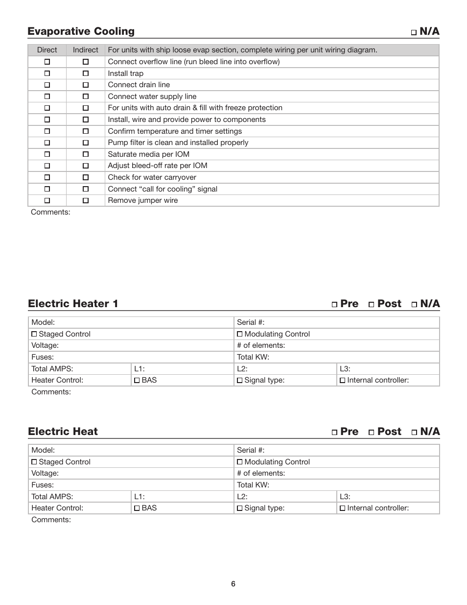 Evaporative cooling n/a, Electric heat pre post n/a, Electric heater 1 pre post n/a | Greenheck Energy Recovery and Make-Up Air Start-Up Report User Manual | Page 6 / 9