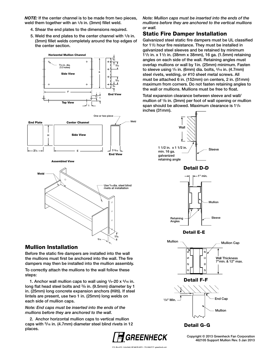 Mullion installation, Static fire damper installation, Detail g-g | Detail f-f detail d-d, Detail e-e, 20 x, In. long flat head steel bolts and, In. x 1, In. (6mm) dia. bolts, Inches (31mm) | Greenheck Support Mullions for use in Oversize Openings (462105) User Manual | Page 3 / 3