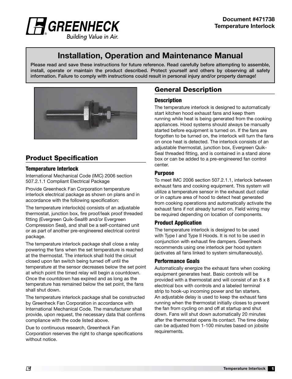 Greenheck Temperature Interlock (471738) User Manual | 8 pages