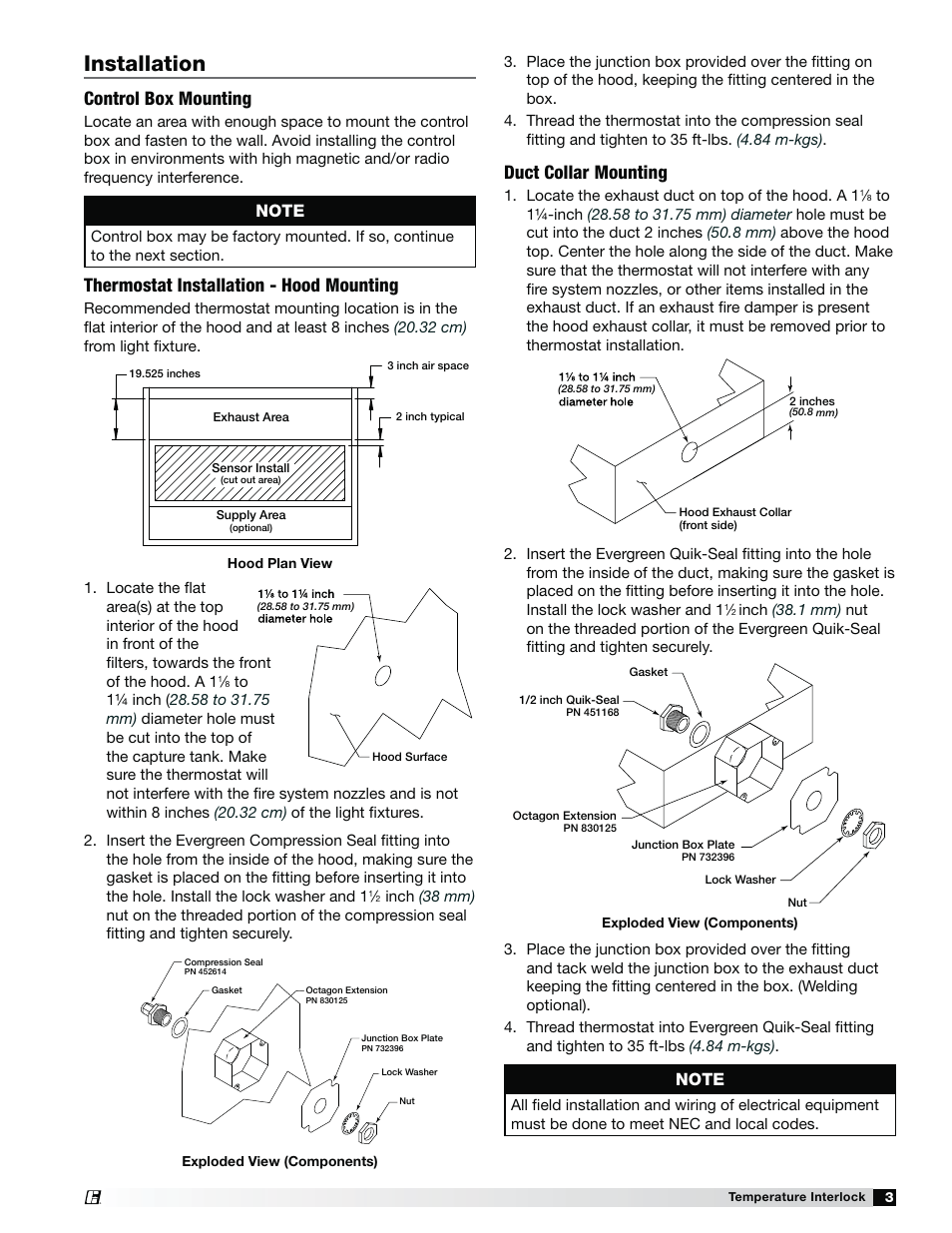 Installation, Control box mounting, Duct collar mounting | Thermostat installation - hood mounting | Greenheck Temperature Interlock (471738) User Manual | Page 3 / 8