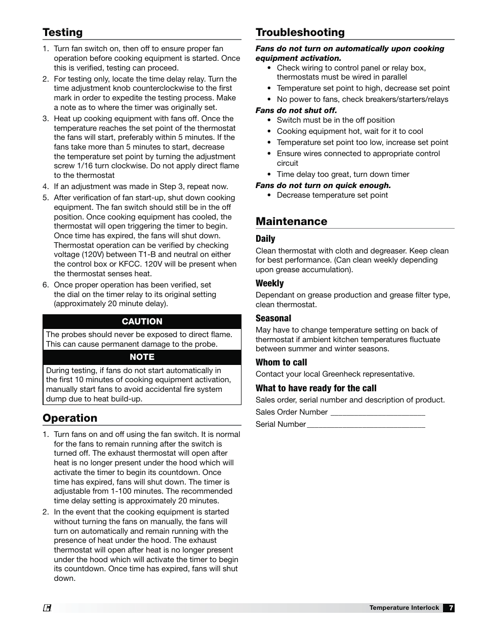 Operation, Testing, Troubleshooting | Maintenance | Greenheck Temperature Interlock (471738) User Manual | Page 7 / 8