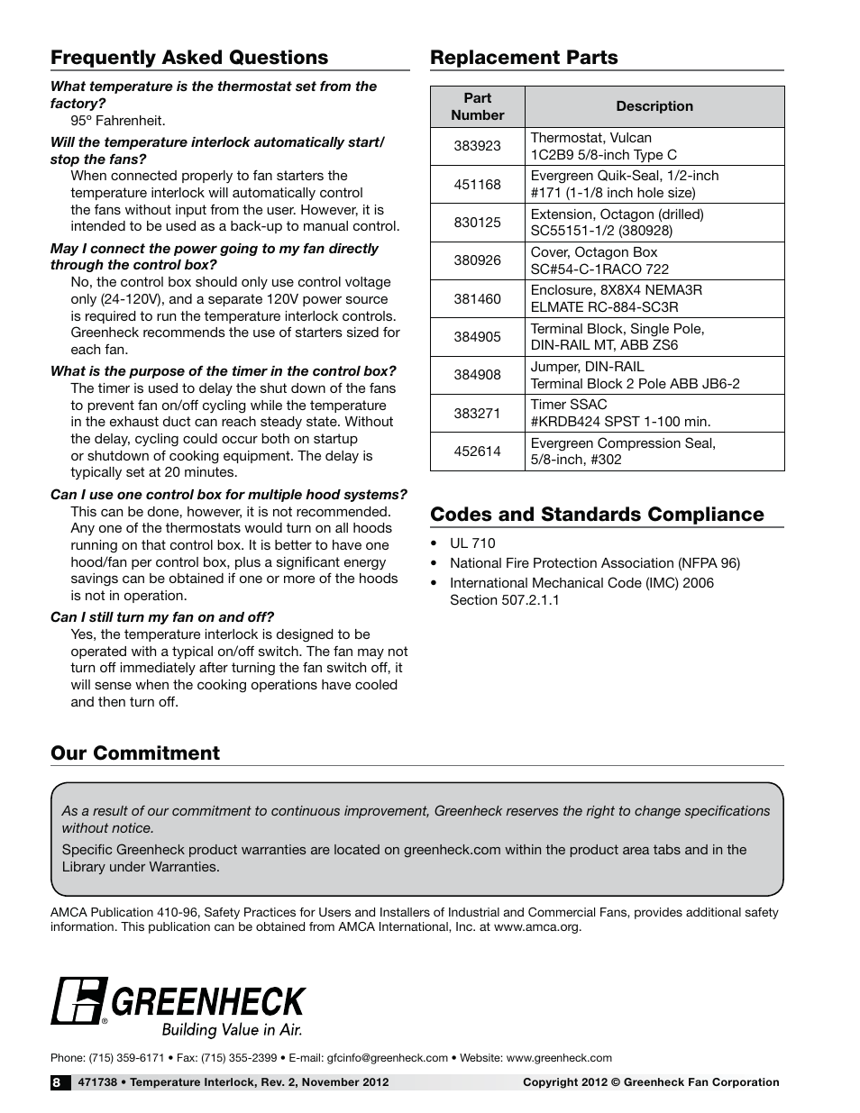 Frequently asked questions, Replacement parts, Codes and standards compliance | Our commitment | Greenheck Temperature Interlock (471738) User Manual | Page 8 / 8