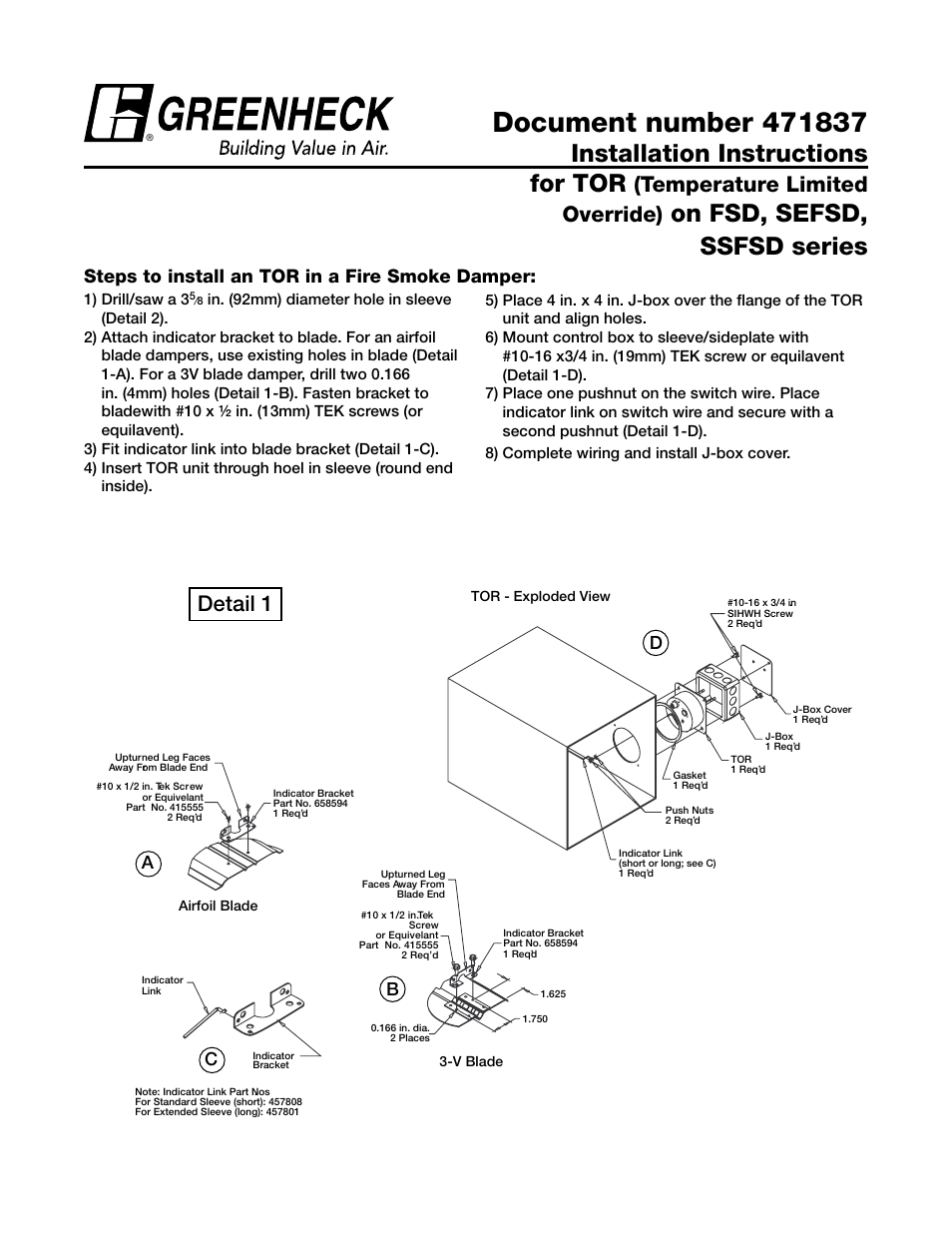 Greenheck Temperature Limited Override TOR (471837) User Manual | 2 pages
