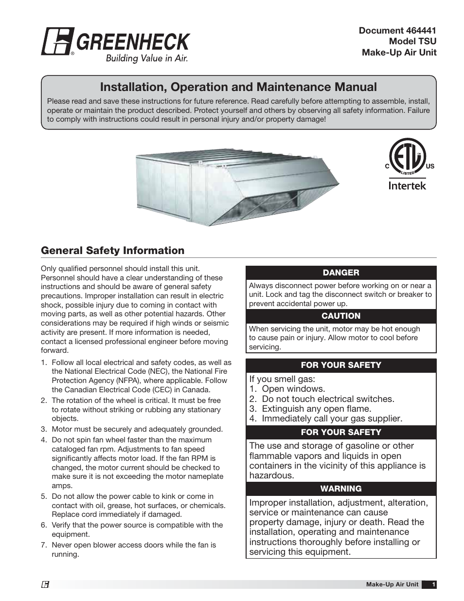 Greenheck TSU Base Unit Manual (464441) User Manual | 36 pages