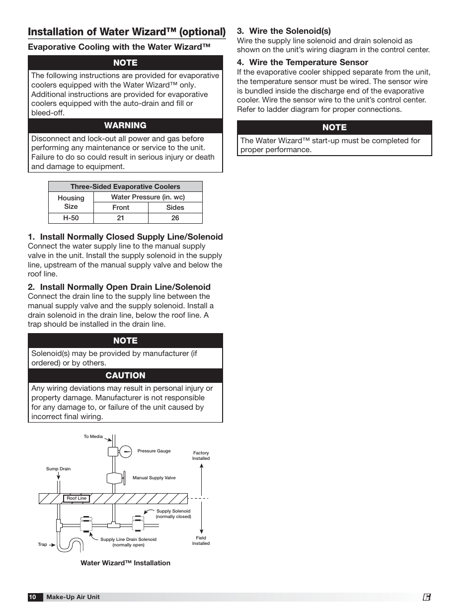 Installation of water wizard™ (optional), Install normally open drain line/solenoid, Wire the solenoid(s) | Wire the temperature sensor, Warning, Caution | Greenheck TSU Base Unit Manual (464441) User Manual | Page 10 / 36