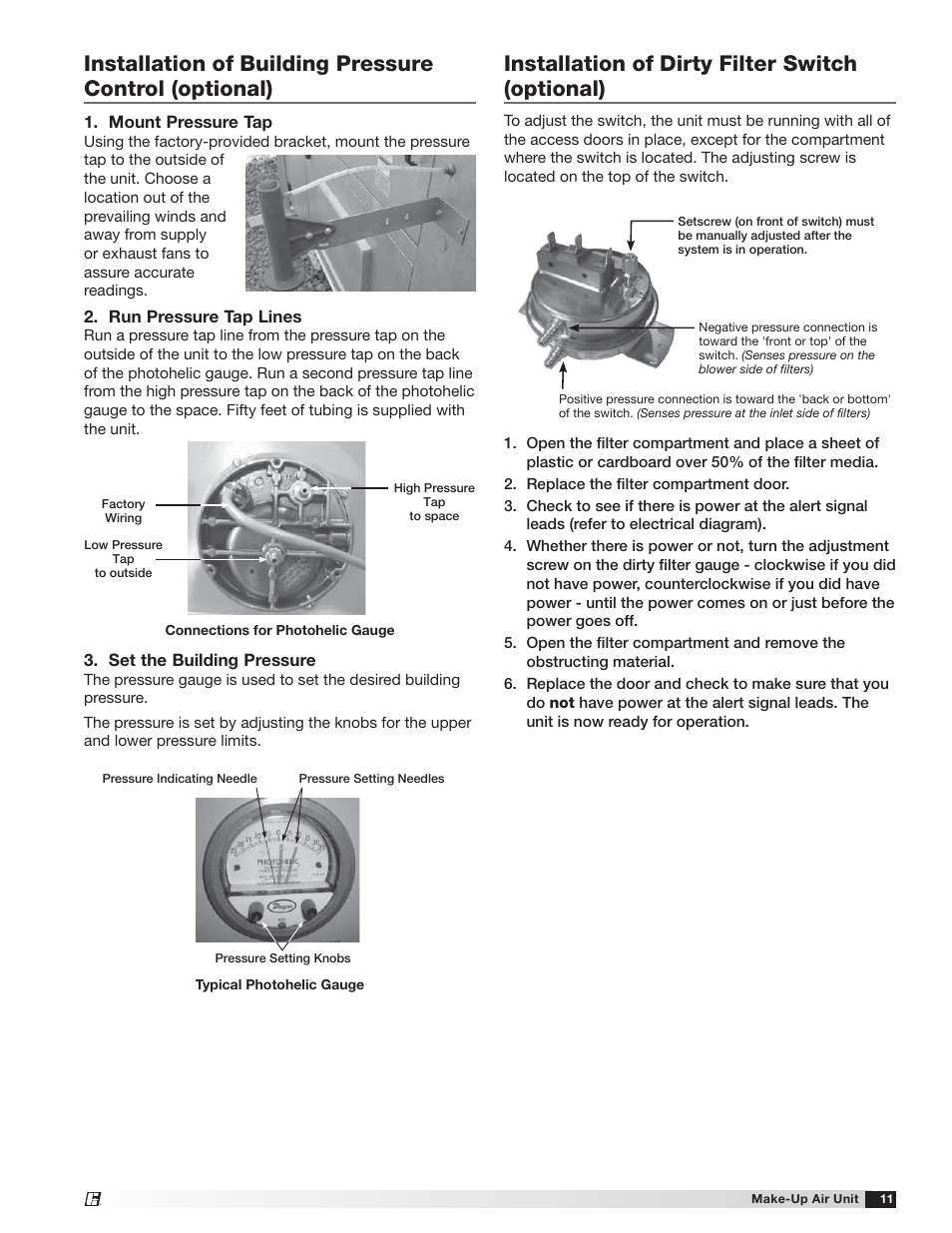 Installation of dirty filter switch (optional) | Greenheck TSU Base Unit Manual (464441) User Manual | Page 11 / 36