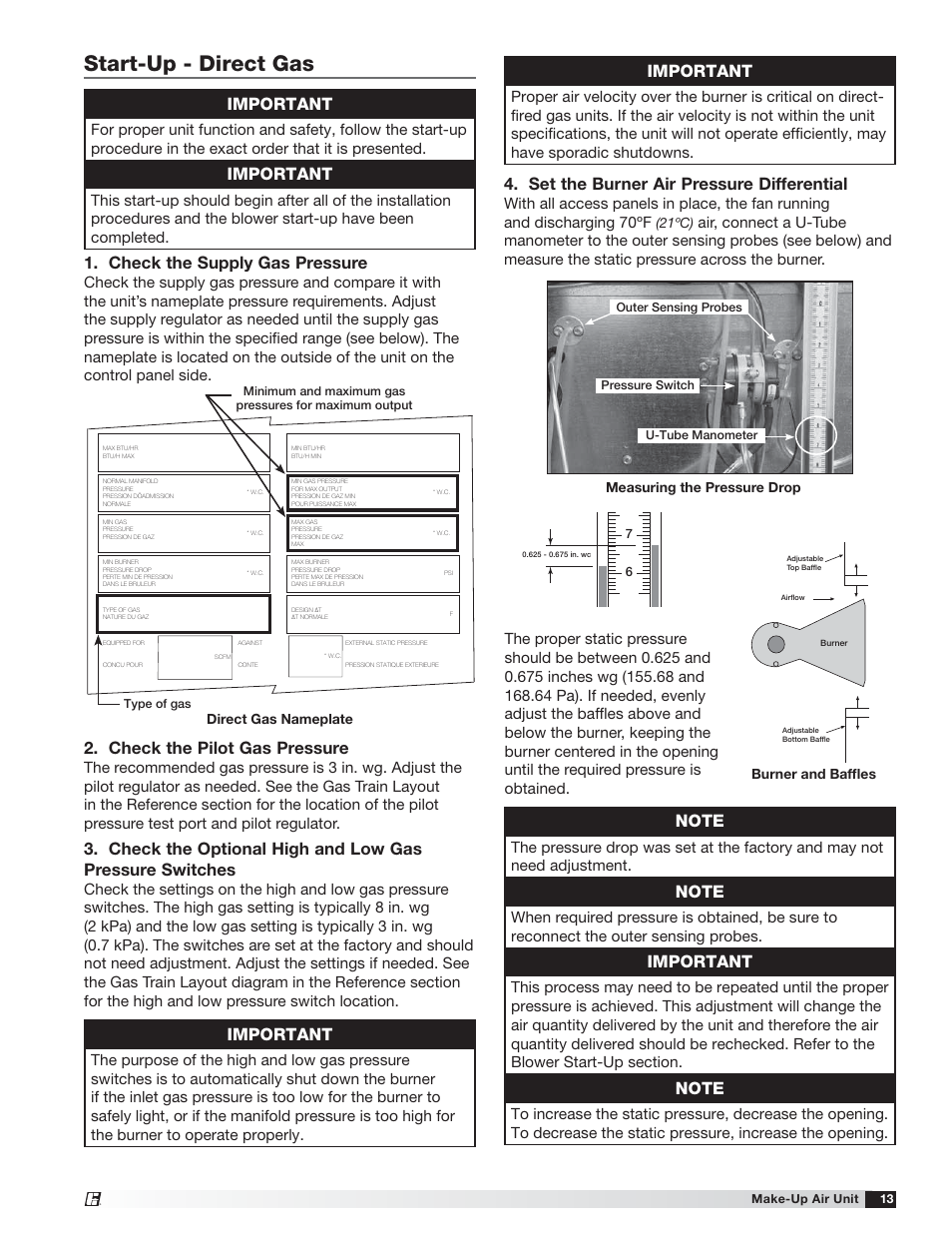 Start-up - direct gas, Check the supply gas pressure, Check the pilot gas pressure | Important, Set the burner air pressure differential, 21ºc), Burner and bafﬂes, Direct gas nameplate, Measuring the pressure drop | Greenheck TSU Base Unit Manual (464441) User Manual | Page 13 / 36