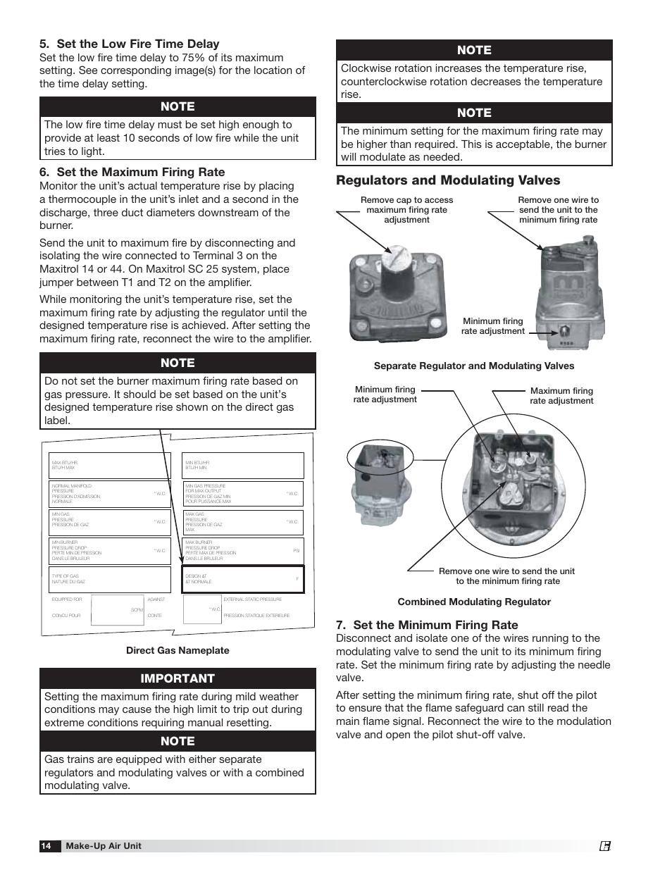 Regulators and modulating valves, Set the maximum firing rate, Set the minimum firing rate | Important, Set the low fire time delay, Direct gas nameplate, Separate regulator and modulating valves, Combined modulating regulator | Greenheck TSU Base Unit Manual (464441) User Manual | Page 14 / 36