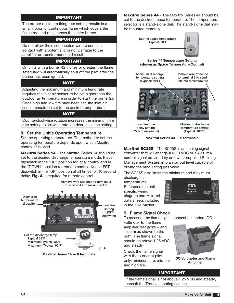 Important, Flame signal check, Set the unit’s operating temperature | Greenheck TSU Base Unit Manual (464441) User Manual | Page 15 / 36