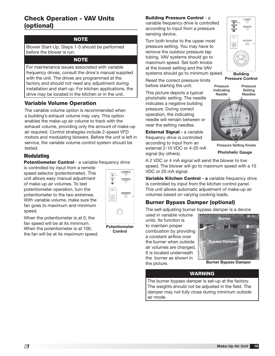 Check operation - vav units (optional), Modulating, Variable volume operation | Burner bypass damper (optional), Warning | Greenheck TSU Base Unit Manual (464441) User Manual | Page 19 / 36