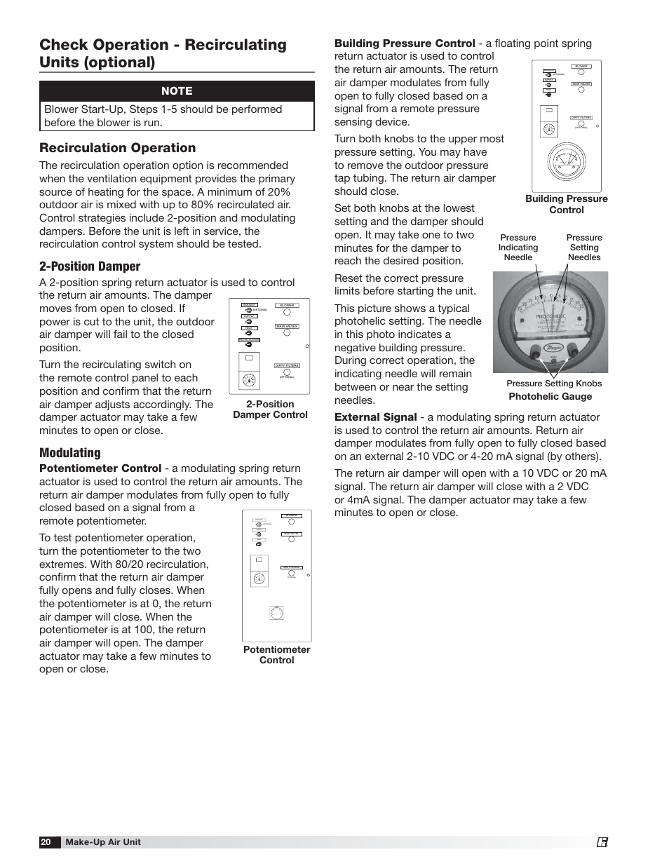 Check operation - recirculating units (optional), Recirculation operation, Position damper | Modulating | Greenheck TSU Base Unit Manual (464441) User Manual | Page 20 / 36