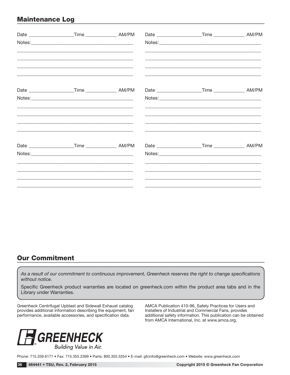 Our commitment, Maintenance log | Greenheck TSU Base Unit Manual (464441) User Manual | Page 36 / 36