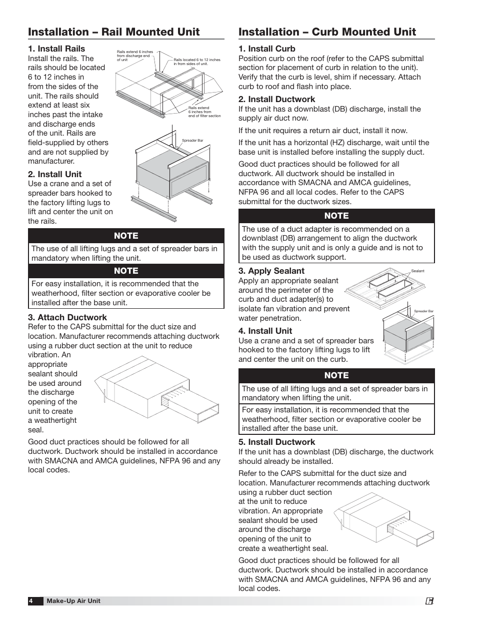Installation – rail mounted unit, Installation – curb mounted unit | Greenheck TSU Base Unit Manual (464441) User Manual | Page 4 / 36