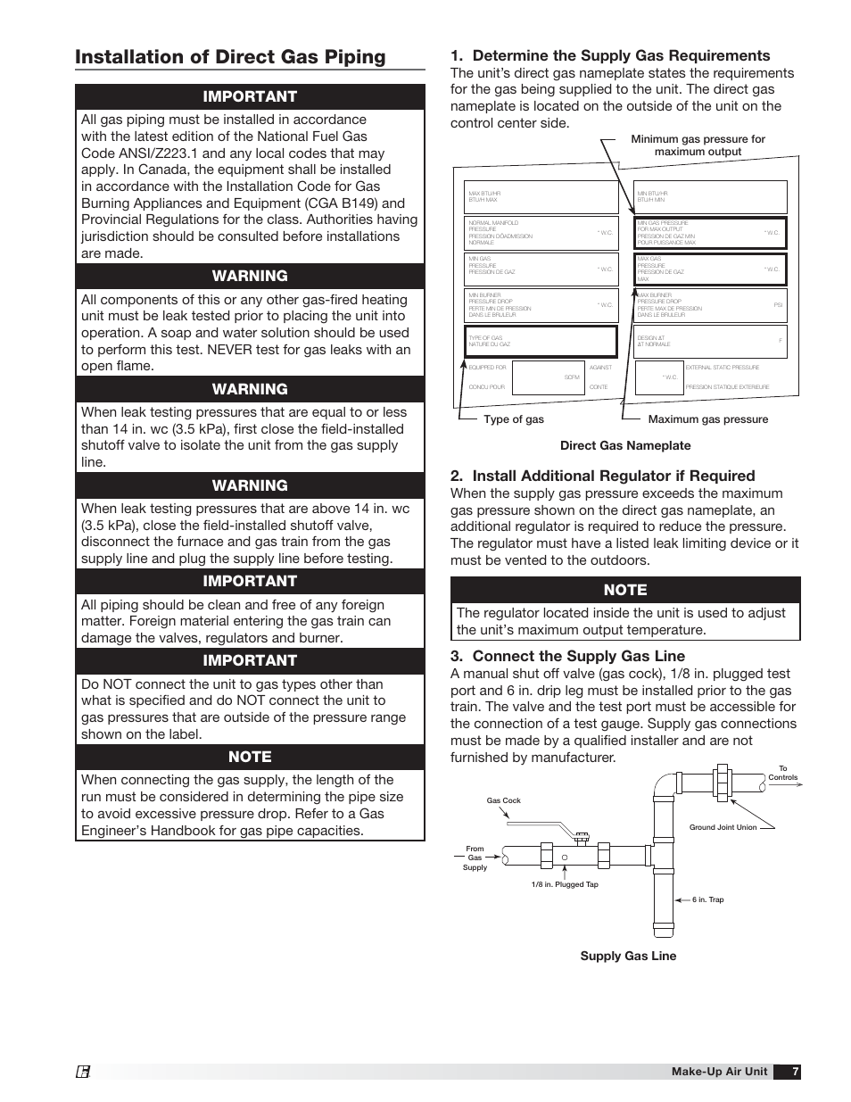 Installation of direct gas piping, Determine the supply gas requirements, Install additional regulator if required | Connect the supply gas line, Important, Warning, Supply gas line, Direct gas nameplate | Greenheck TSU Base Unit Manual (464441) User Manual | Page 7 / 36