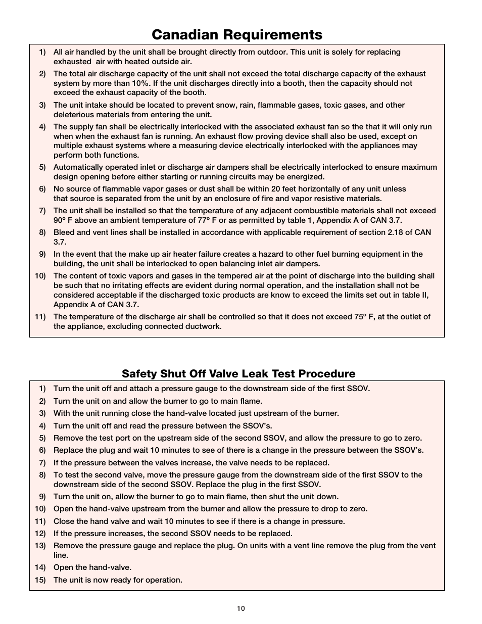 Canadian requirements, Safety shut off valve leak test procedure | Greenheck TSU Direct Gas Manual (456857) User Manual | Page 10 / 12