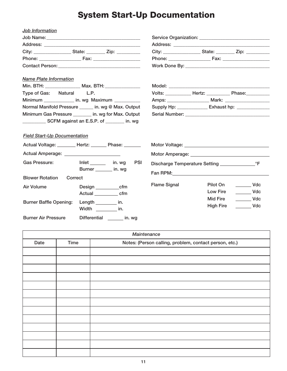 System start-up documentation | Greenheck TSU Direct Gas Manual (456857) User Manual | Page 11 / 12