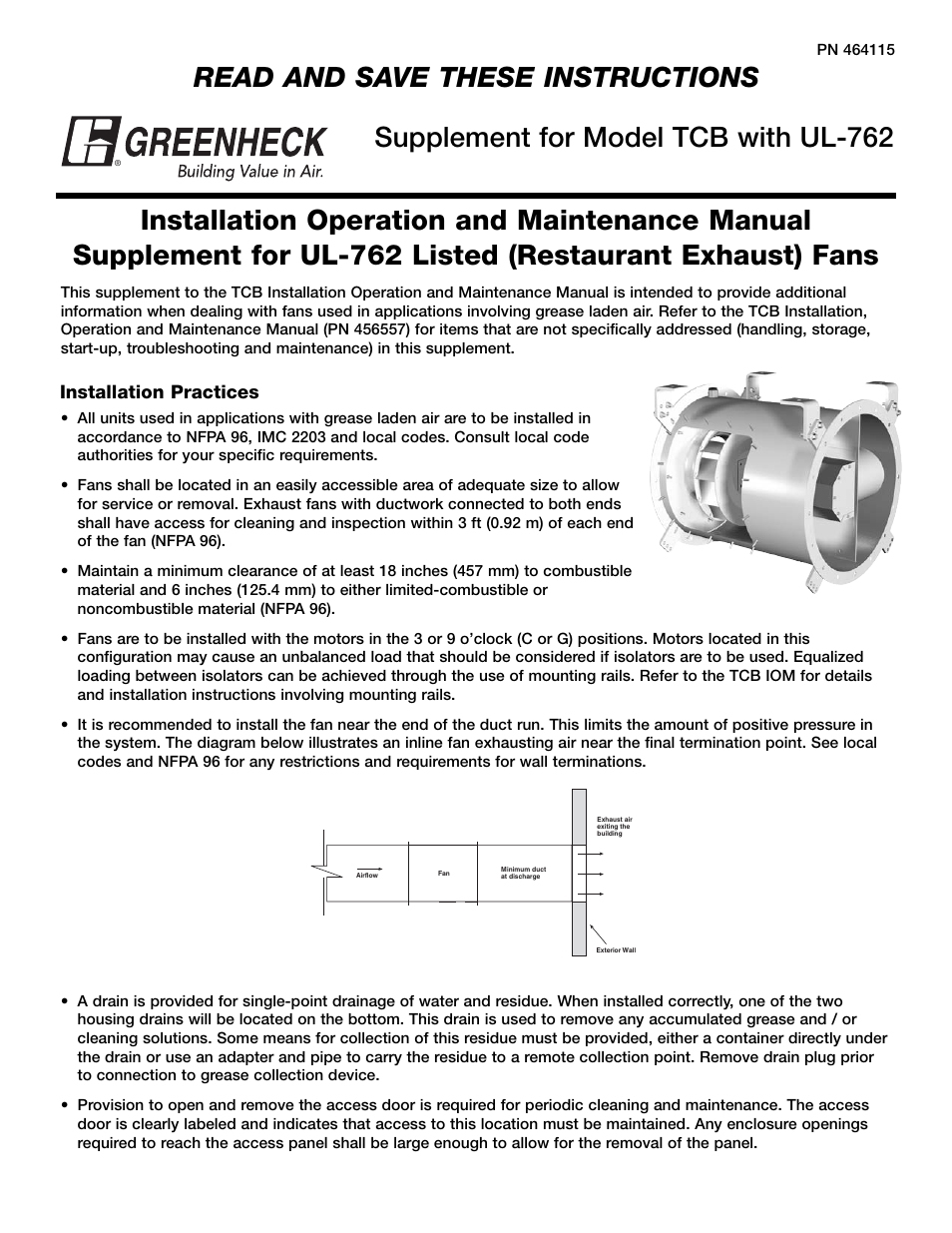 Greenheck Tubular Centrifugal Fan with UL-762 Supplement (464115) User Manual | 2 pages