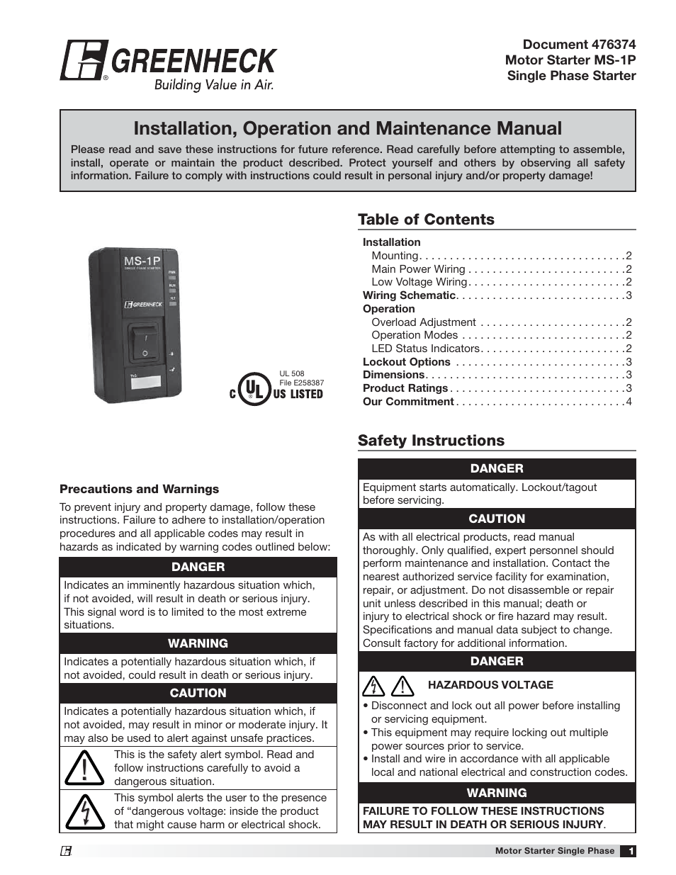 Greenheck Universal Control - MS-1P (476374) User Manual | 4 pages