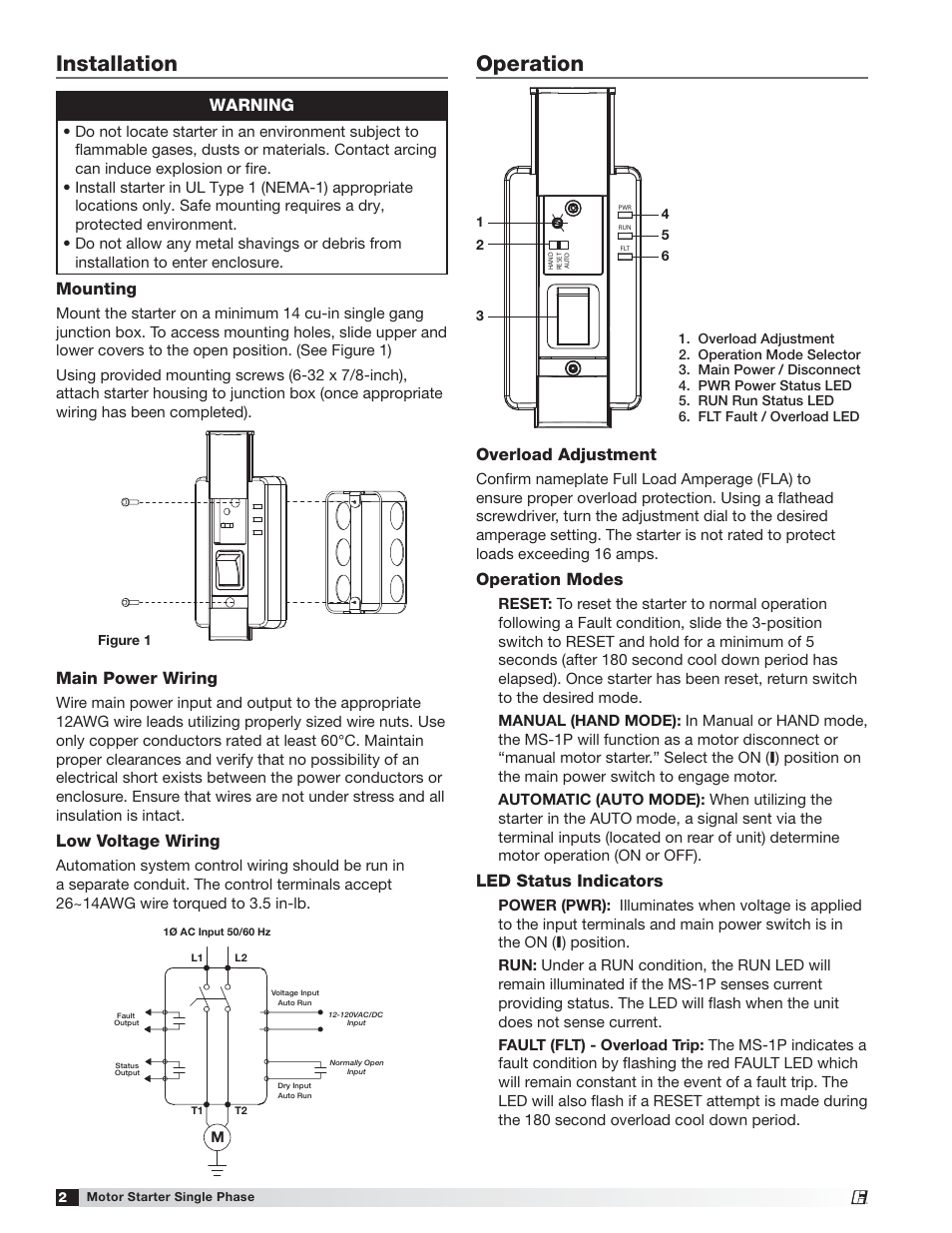 Operation, Installation, Main power wiring | Low voltage wiring, Overload adjustment, Operation modes, Led status indicators, Warning, Mounting | Greenheck Universal Control - MS-1P (476374) User Manual | Page 2 / 4