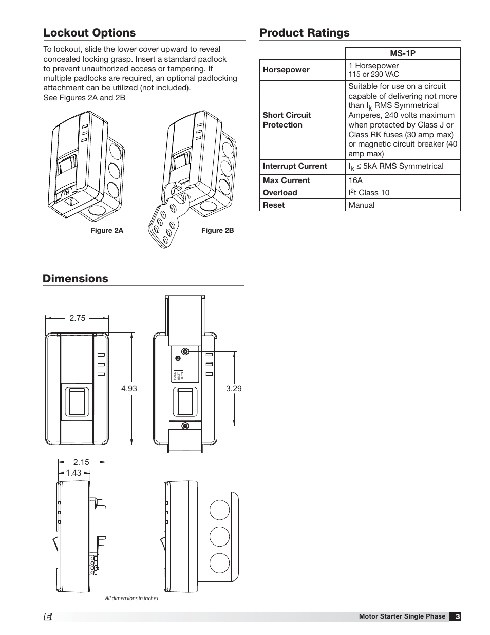 Lockout options, Dimensions product ratings | Greenheck Universal Control - MS-1P (476374) User Manual | Page 3 / 4