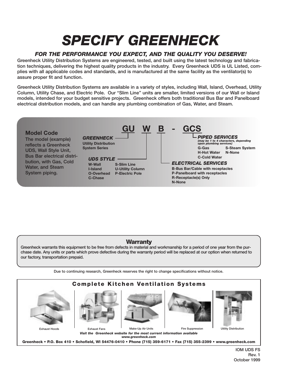 Specify greenheck, Gu w b - gcs, Warranty | Model code | Greenheck Utility Distribution System User Manual | Page 14 / 14