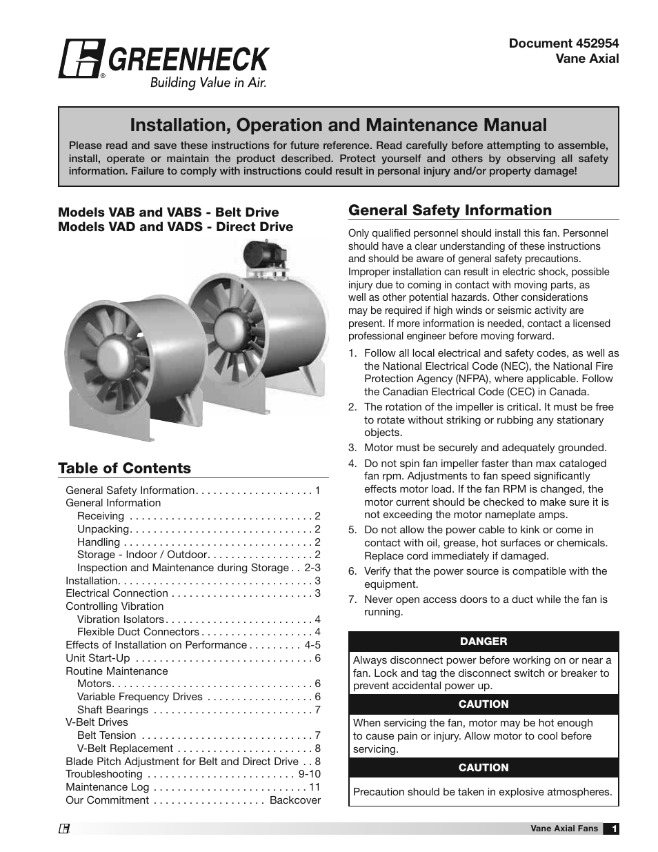 Greenheck Vane Axial Fans (452954) User Manual | 12 pages