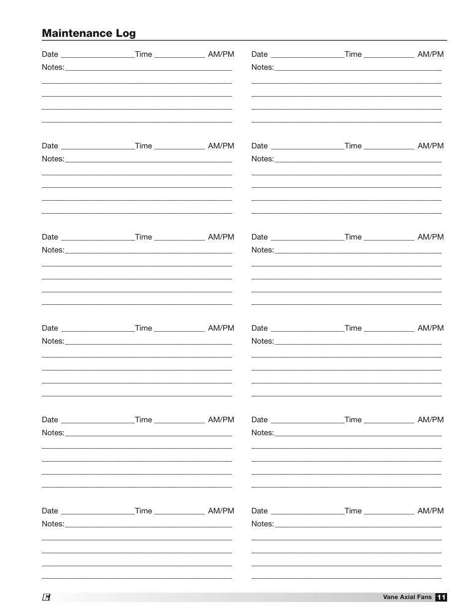 Maintenance log | Greenheck Vane Axial Fans (452954) User Manual | Page 11 / 12