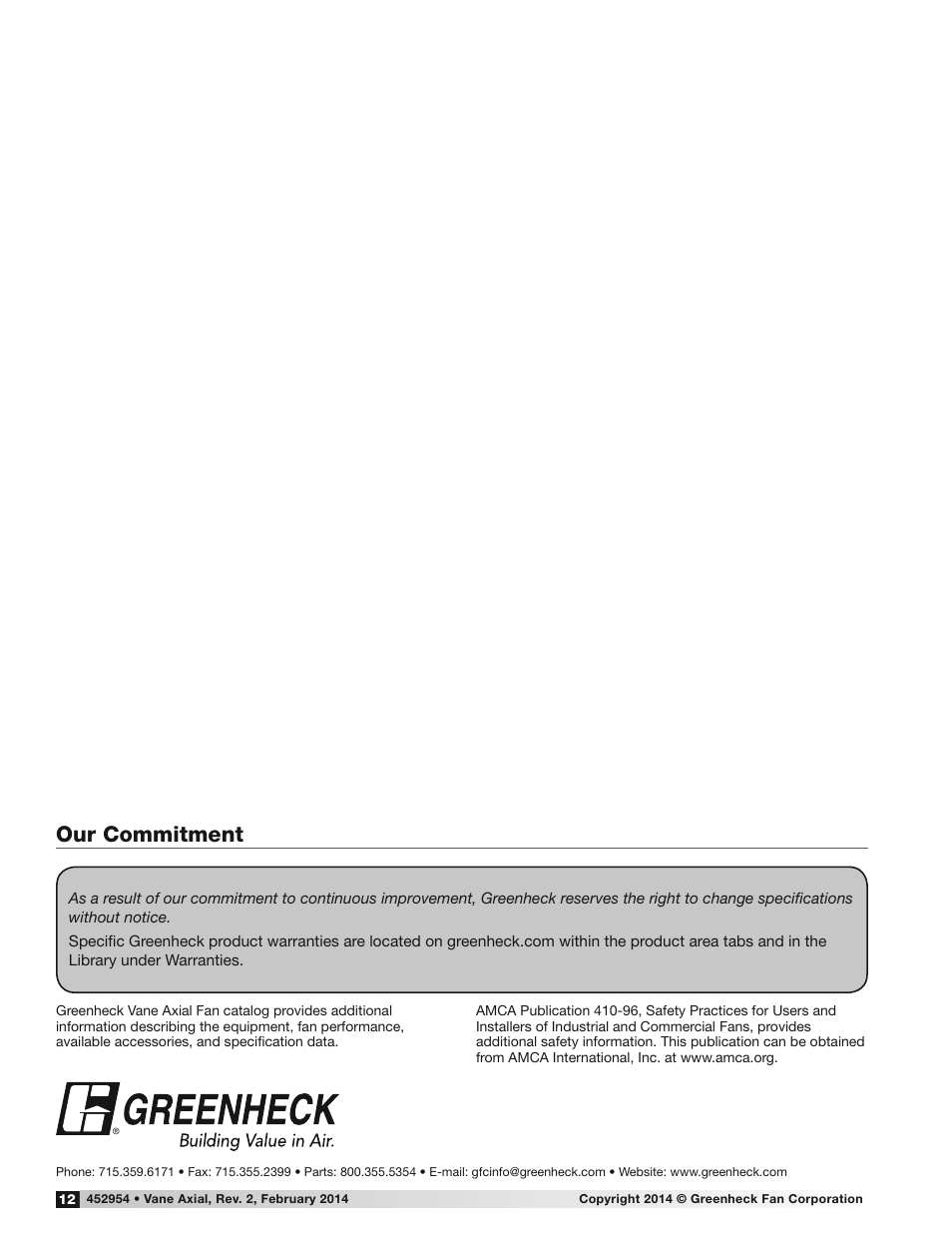 Our commitment | Greenheck Vane Axial Fans (452954) User Manual | Page 12 / 12